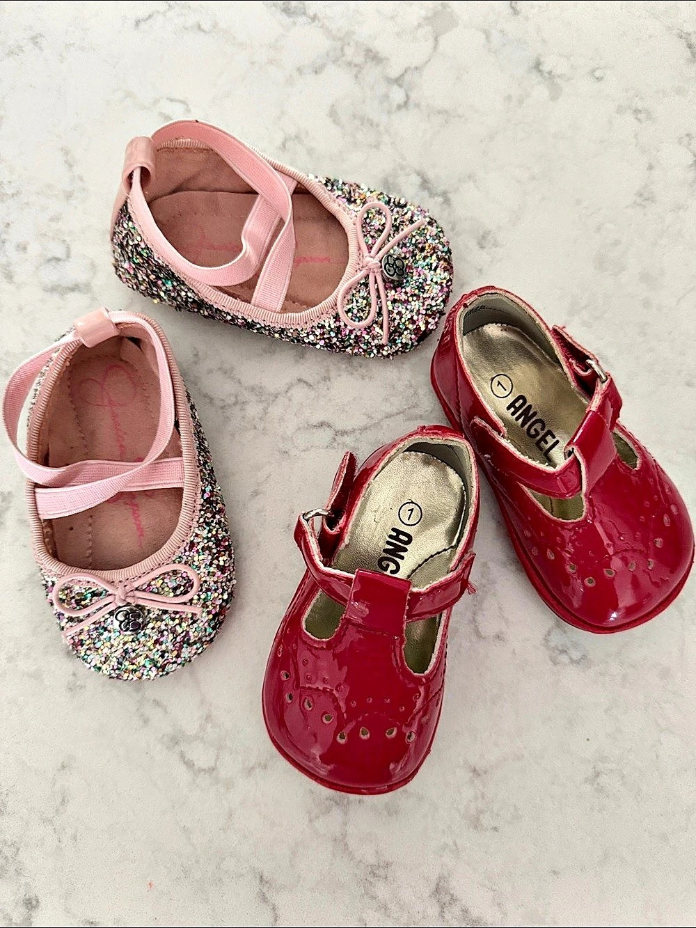 Angel Red Patent T-Strap Mary Jane Shoes and Jessica Simpson Pink glitter ballet